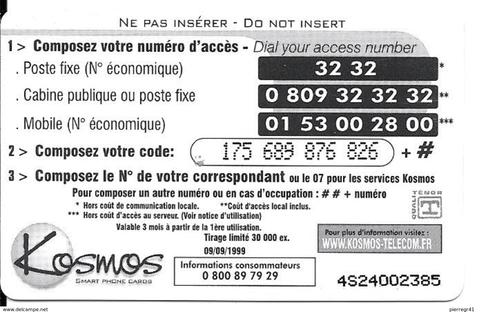 CARTE-PREPAYEE-KOSMOS-100F -BRANCHES GIVREES-09/09/1999-30000Exp-TBE - Autres & Non Classés