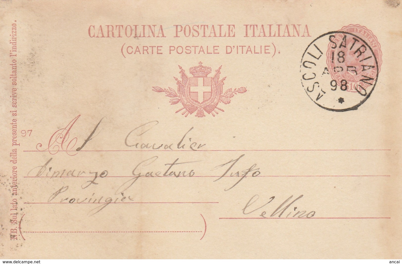 Ascoli Satriano. 1898. Annullo Grande Cerchio ASCOLI SATRIANO, Su Cartolina Postale Con Testo - Storia Postale