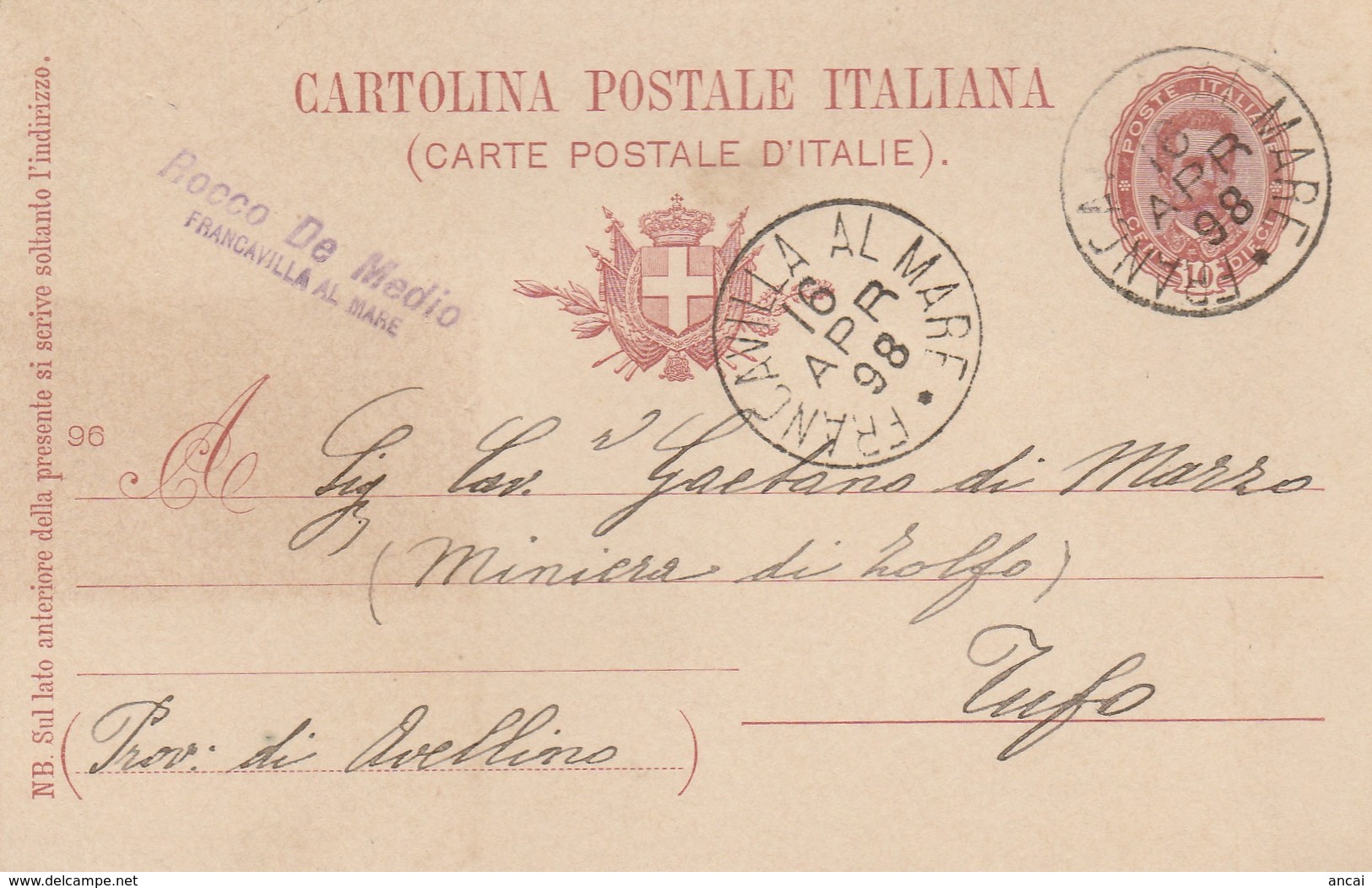 Francavilla Al Mare. 1898. Annullo Grande Cerchio FRANCAVILLA AL MARE, Su Cartolina Postale Con Testo - Storia Postale