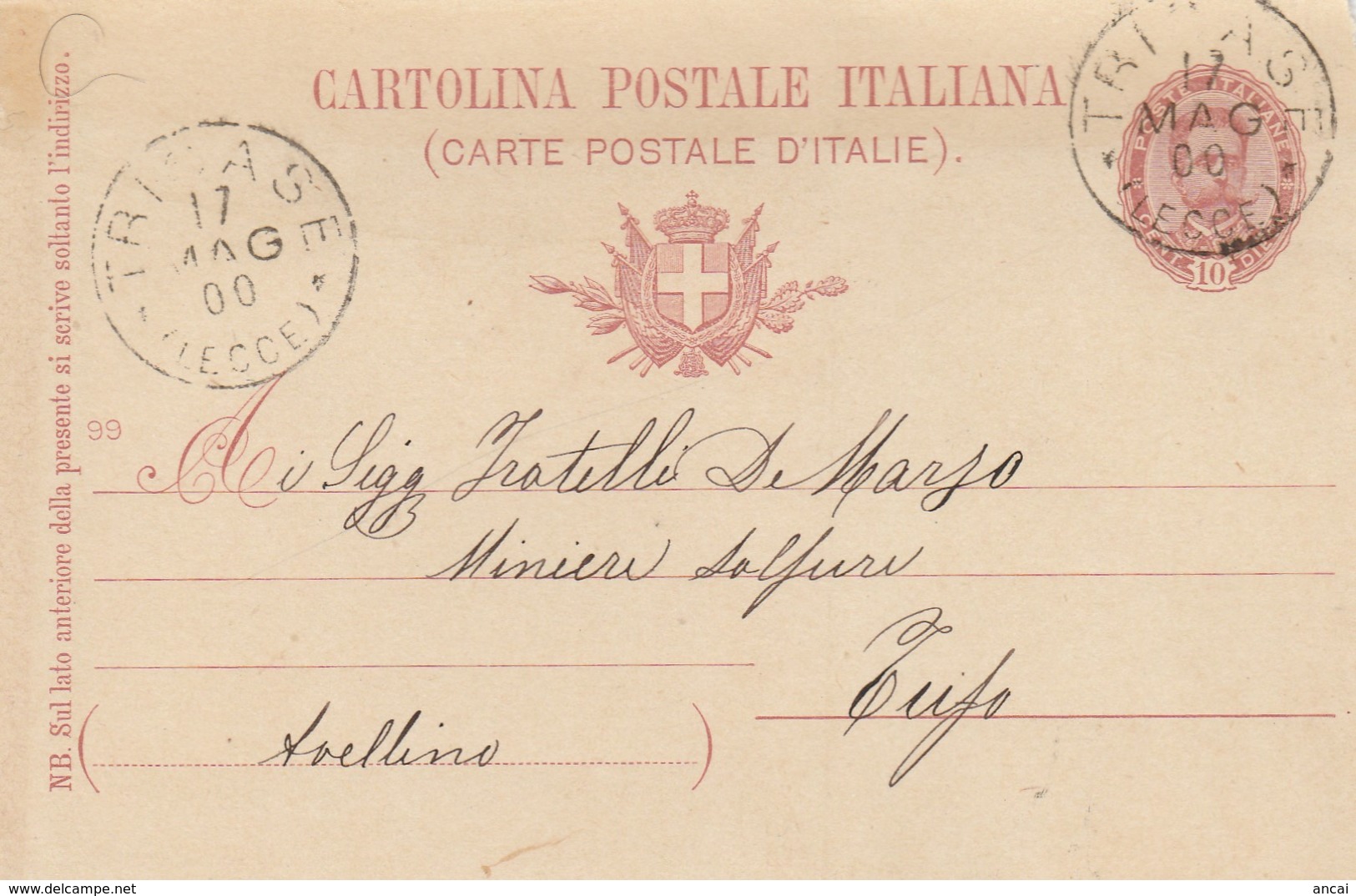 Tricase. 1900. Annullo Grande Cerchio TRICASE (LECCE), Su Cartolina Postale Con Testo - Storia Postale