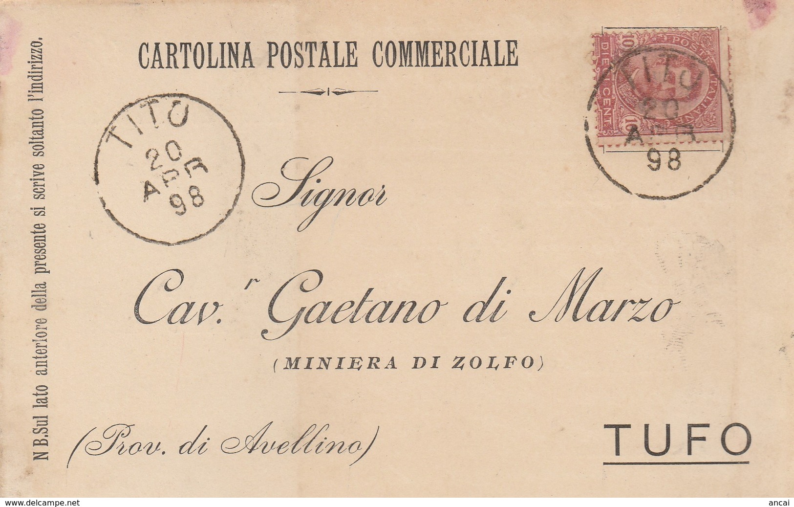 Tito. 1898. Annullo Grande Cerchio TITO, Su Cartolina Postale Commerciale - Storia Postale
