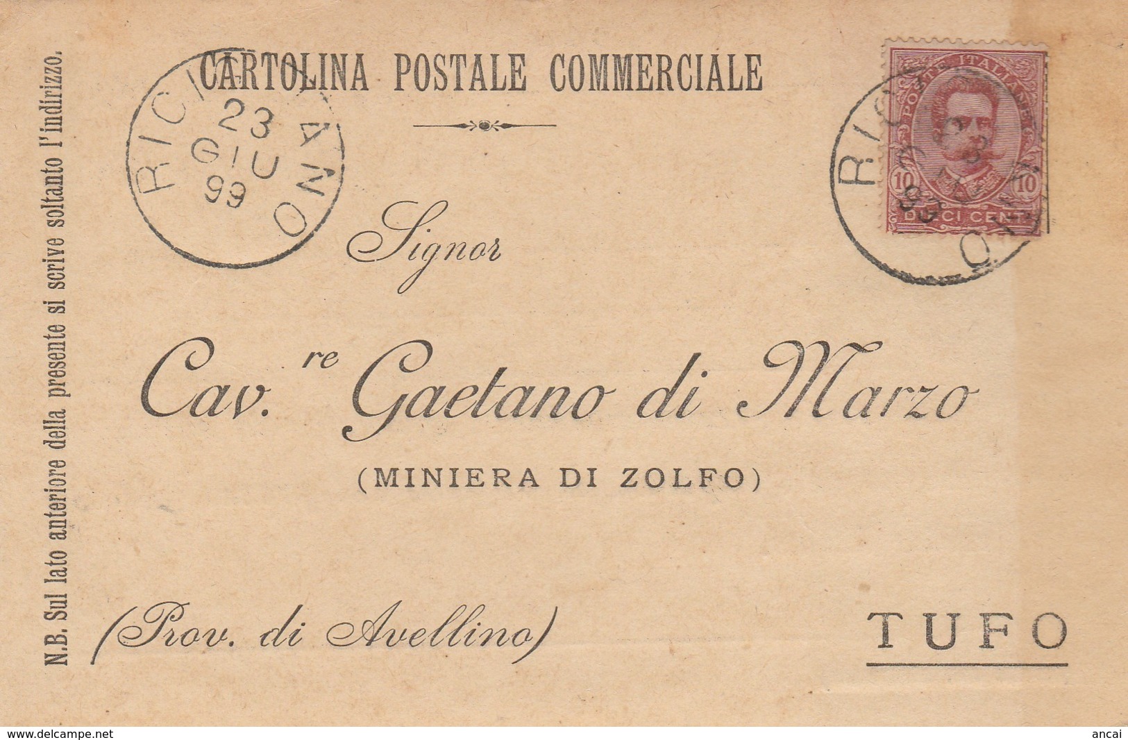 Ricigliano. 1899. Annullo Grande Cerchio RICIGLIANO, Su Cartolina Postale Commerciale - Storia Postale