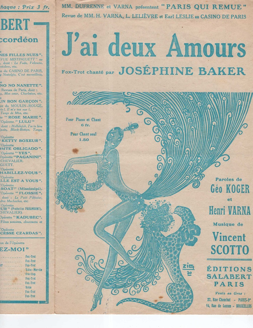 CAF CONC REVUE PARIS QUI REMUE PARTITION JOSÉPHINE BAKER J'AI DEUX AMOURS SCOTTO KOGER VARNA ILL ZIG 1930 - Autres & Non Classés