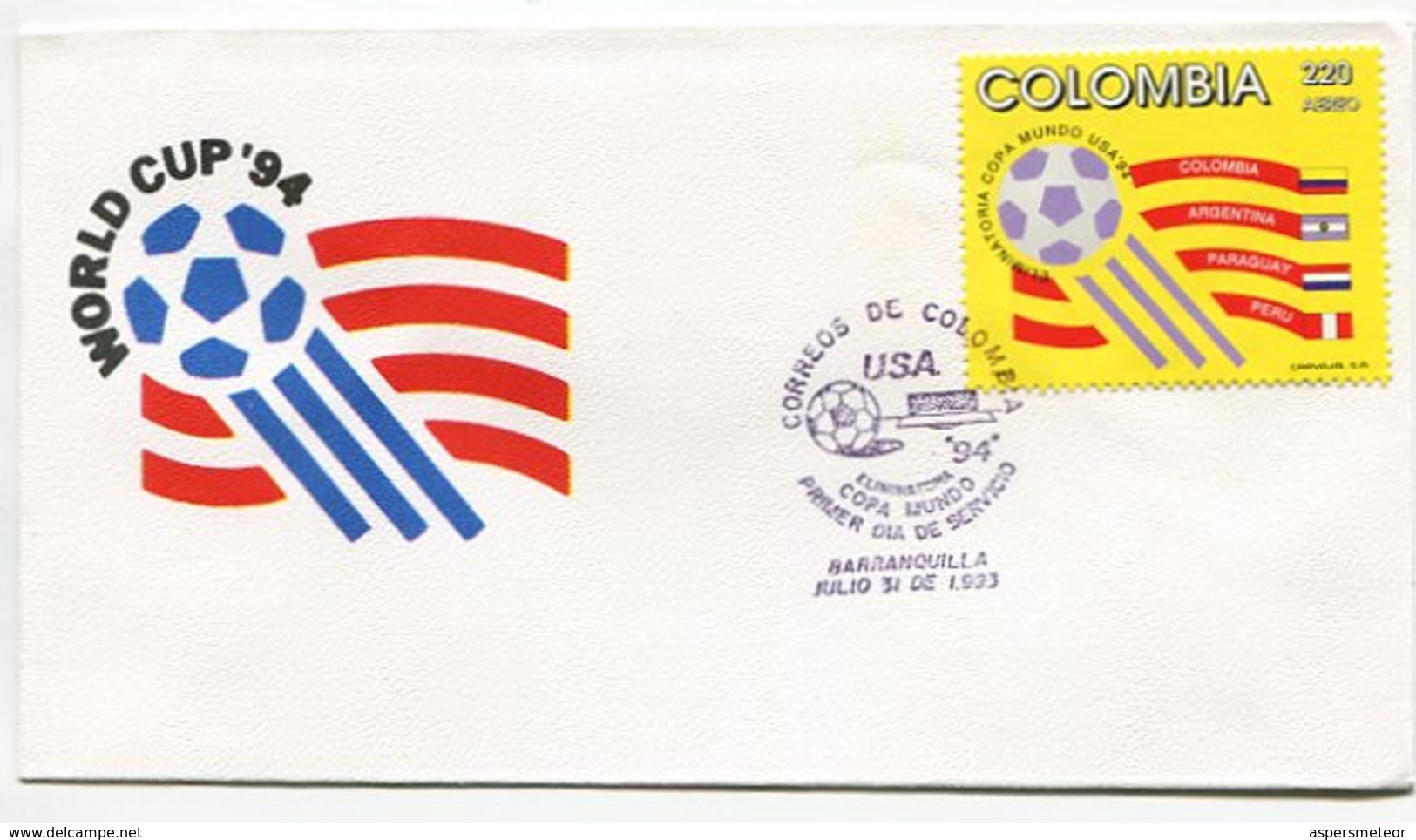 WORLD CUP'94 U.S.A., ELIMINATORIAS COPA MUNDIAL DE FUTBOL - SOBRE / ENVELOPE COLOMBIA 1994 FDC- LILHU - 1994 – Verenigde Staten