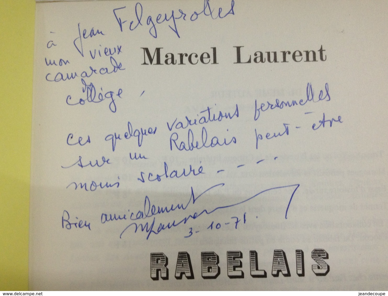 Envoi - Marcel Laurent - Rabelais - Le Monde Paysan Et Le Langage Auvergnat - Dédicace- 1971 - - Gesigneerde Boeken