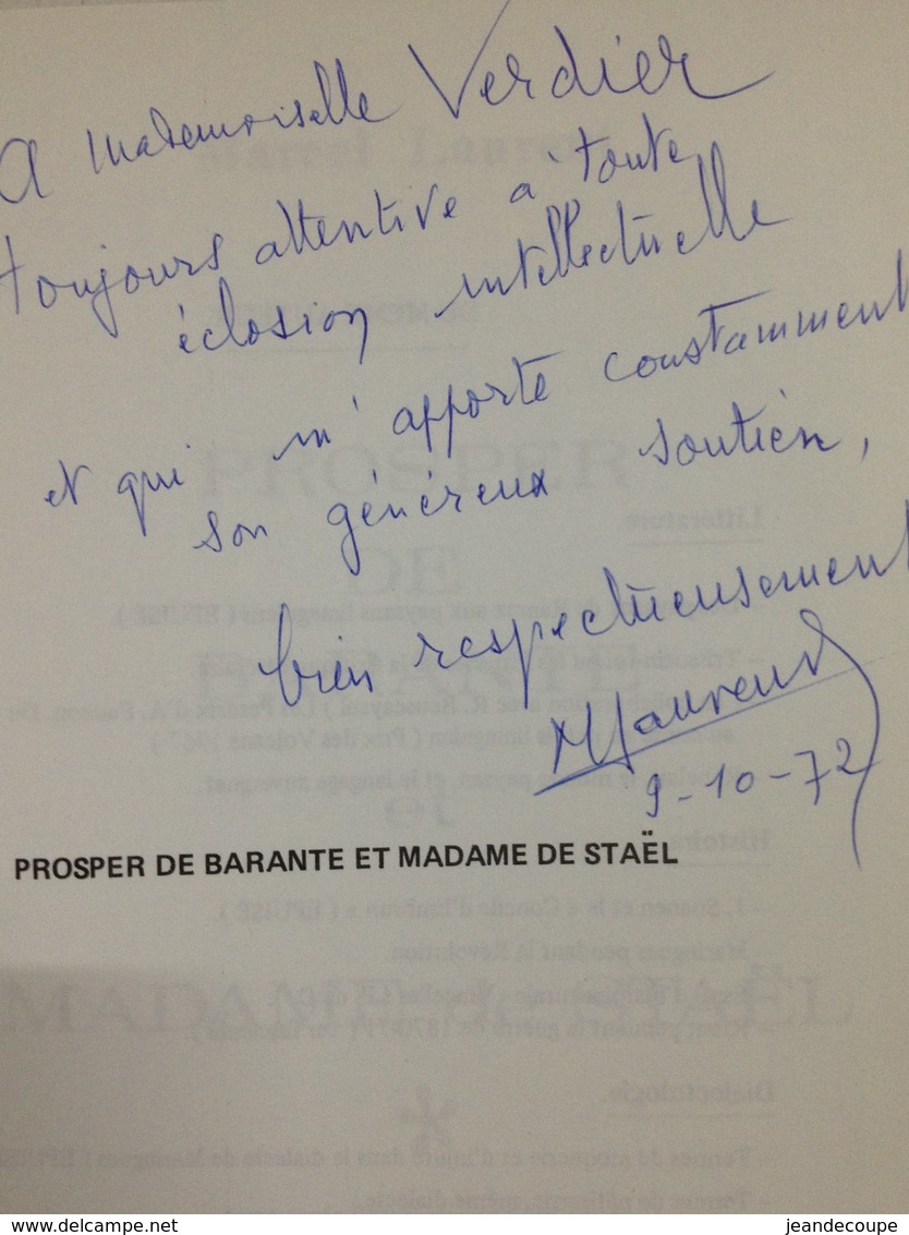 Envoi - Marcel Laurent - Prosper De Barante Et Madame De Staêl - Dédicace- 1972 - - Livres Dédicacés