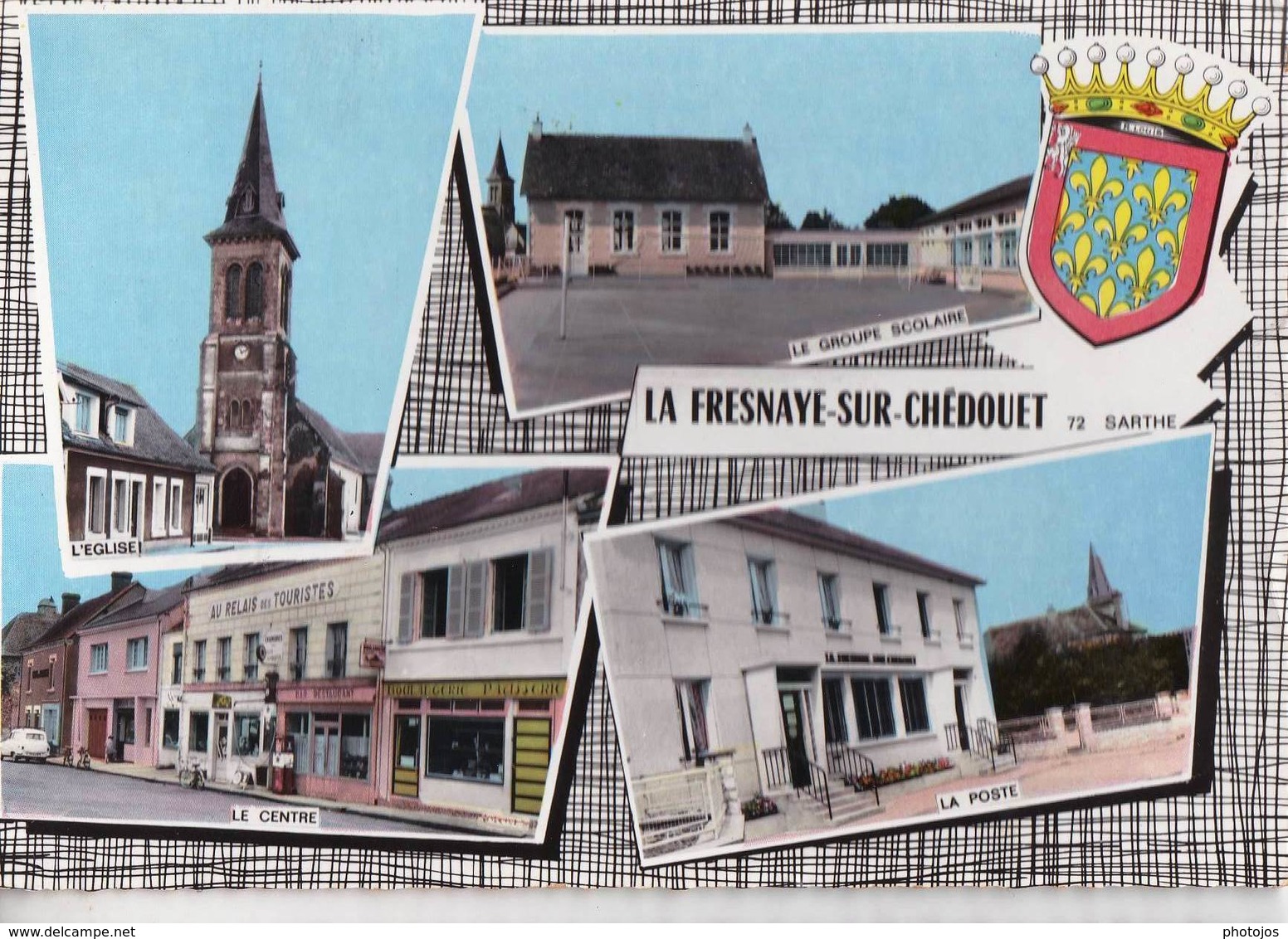 CPM : La Fresnaye Sur Chedouet (72) Multivues  église, Centre, Ecole, Poste    Combier Macon Blason - La Fresnaye Sur Chédouet