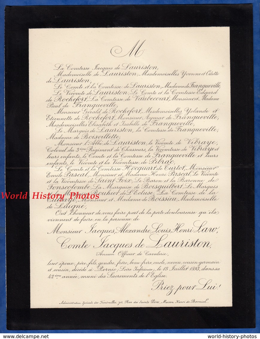 Document Ancien De 1895 - PORNIC - Jacques Alexandre Louis Henri LAW Comte Jacques De LAURISTON Officier - Documents