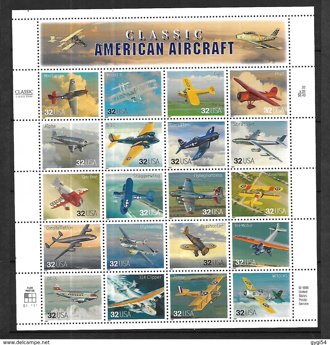 USA    1997   BLOC Classic American Aircraft 20 Appareils N** MNH - Avions