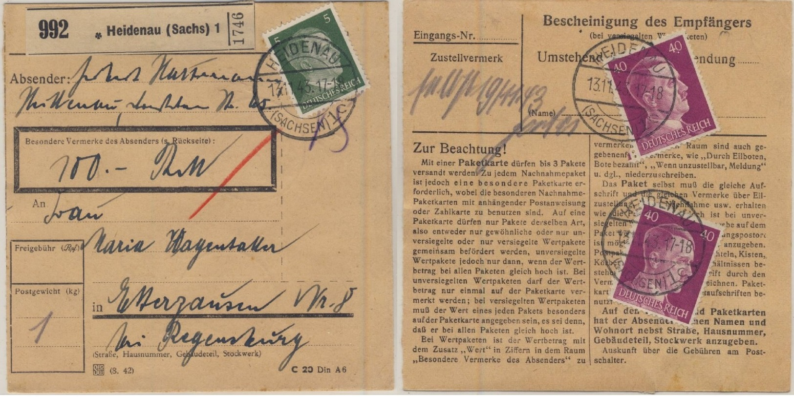 DR - 2x40+5 Pfg. AH, Wertpaketkarte Heidenau (Sachs.) - Etterzhausen 1943 - Briefe U. Dokumente