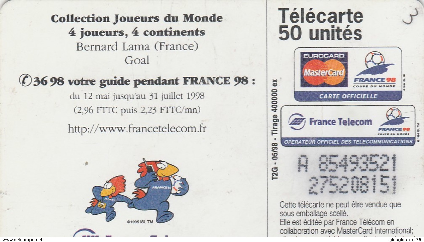 TELECARTE 50.......FRANCE 98...BERNARD LAMA.. - Sport