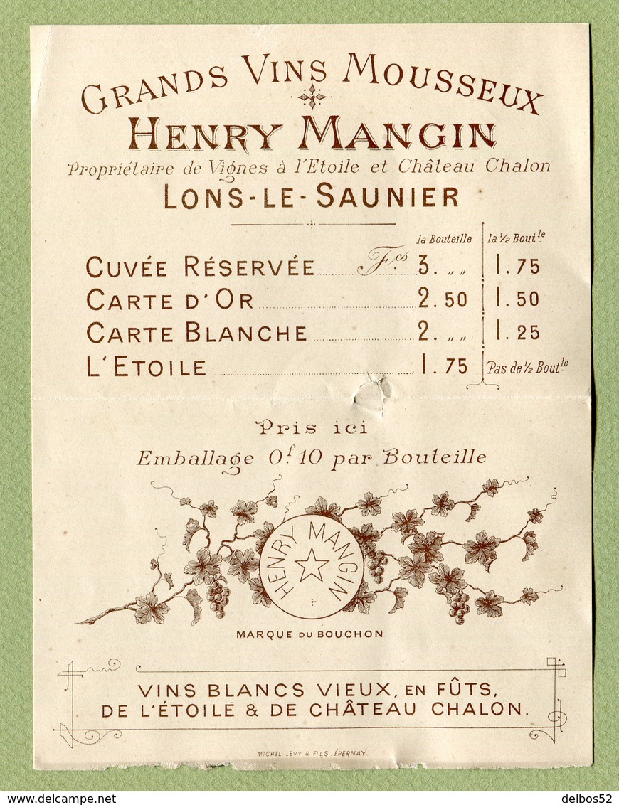 LONS-LE-SAUNIER  : " VINS MOUSSEUX - Henry MANGIN "  Petit Dépliant Du XIXème - 1800 – 1899