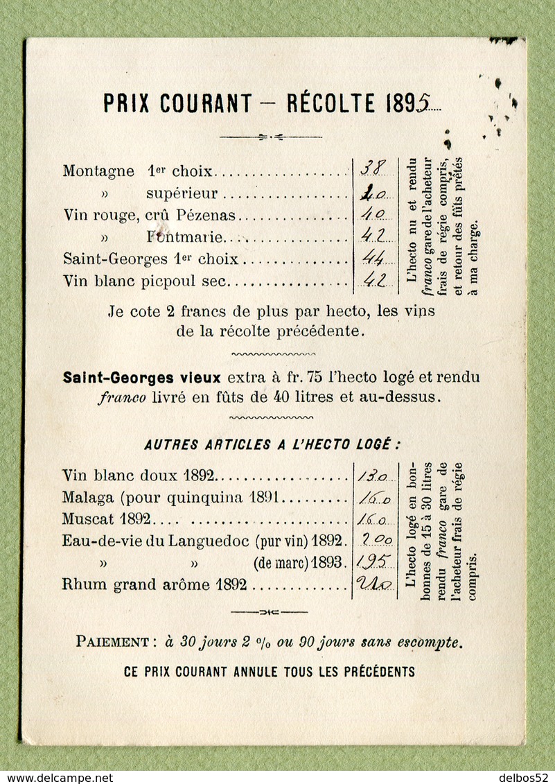 PEZENAS  (34) : " VINS Du DOMAINE DE FONTMARIE - Louis GUIRAUD "  Carte Du XIXème (1895) - 1800 – 1899