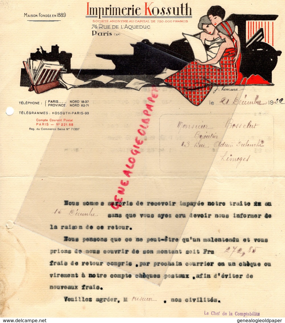75- PARIS- Lettre KOSSUTH-GRAVEUR IMPRIMEUR-IMPRIMERIE-74 RUE AQUEDUC- 1932 HONGRIE HONGROIS - Imprenta & Papelería