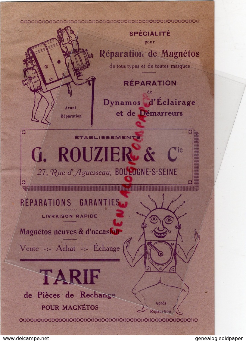 92 - BOULOGNE SUR SEINE- CATALOGUE TARIFS G. ROUZIER -27 RUE AGUESSEAU- REPARATION MAGNETOS DYNAMOS ECLAIRAGE- - Artigianato