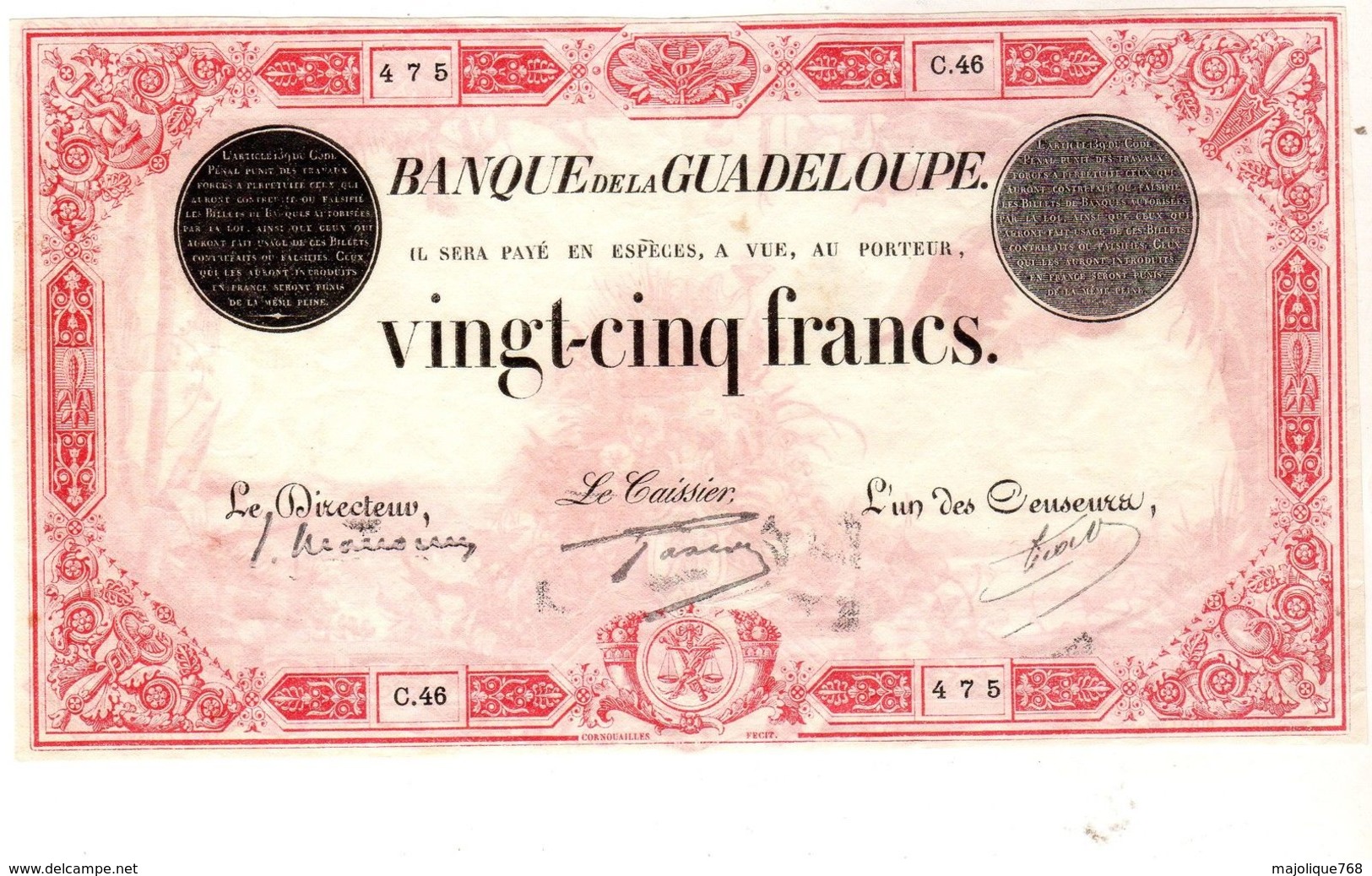 Billet De 25 Francs ND(1920-1944) Banque De La Guadeloupe Alphabet C.46 En TTB++ - East Carribeans