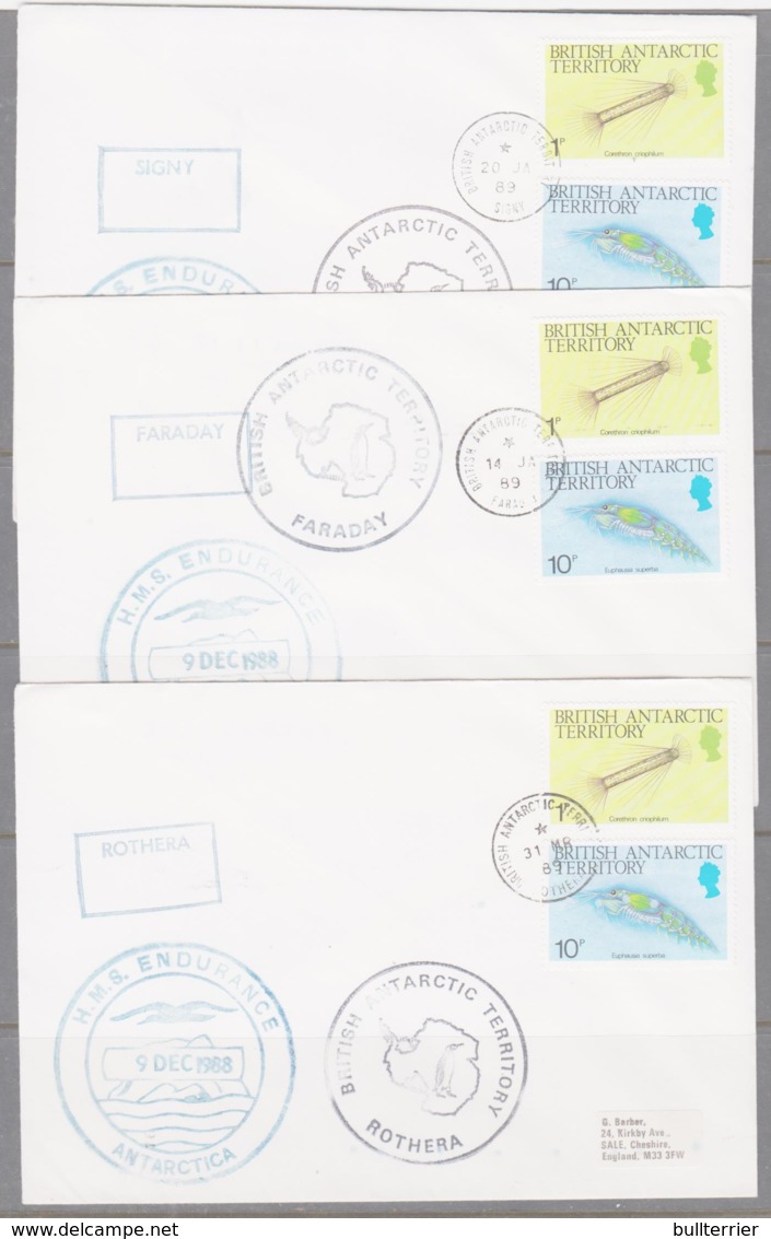 ANTARCTICA - BRITISH ANT TERRITORY - 1989 - HMS ENDURANCE COVERS  SIGNY, FARADAY & ROTHERA CACHETS & P/ MARKS USED - Covers & Documents