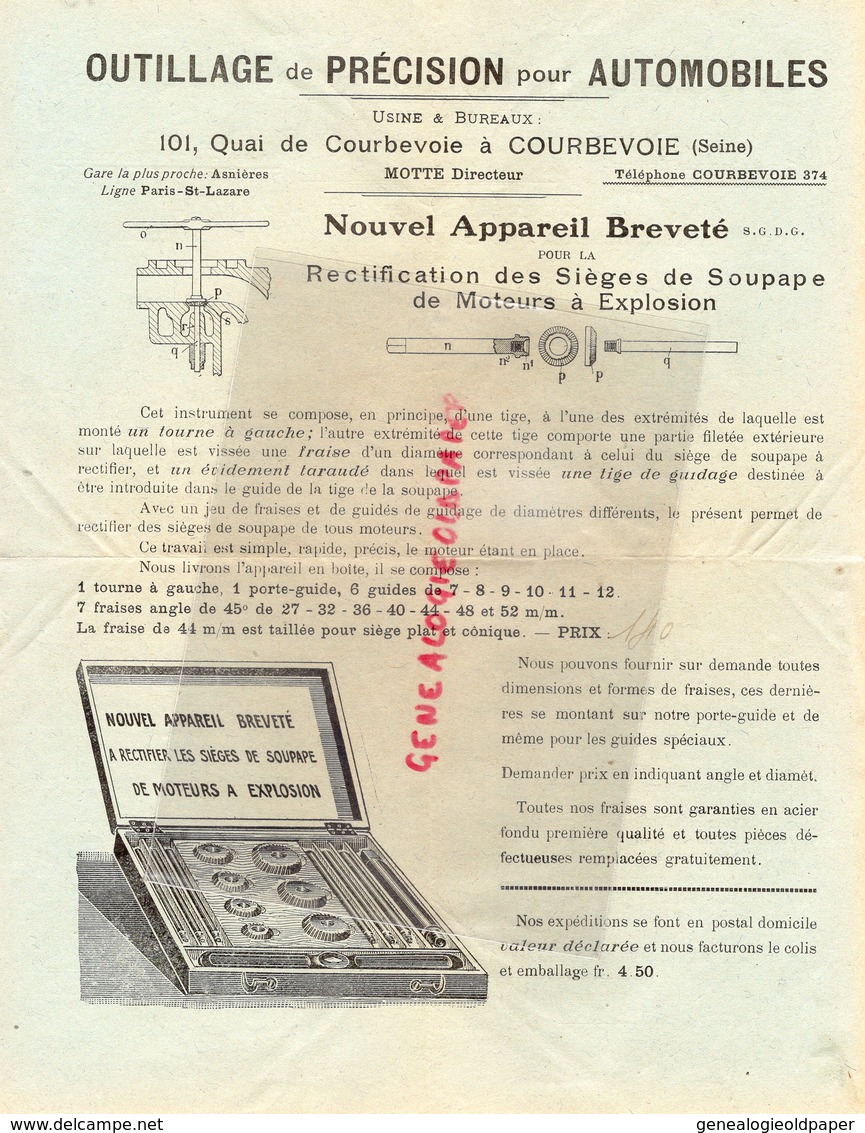 92 - COURBEVOIE- ASNIERES-RARE PUBLICITE -MOTTE-OUTILLAGE PRECISION POUR AUTOMOBILES-SIEGES SOUPAPE -MOTEUR EXPLOSION - Automovilismo