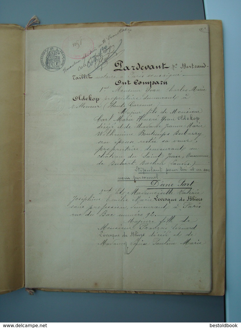 1912 Contrat De Mariage OLDEKOP  Levesque De BLIVES Manuscit De 20 Pages Mte BERTYRAND TAILLET - Mariage