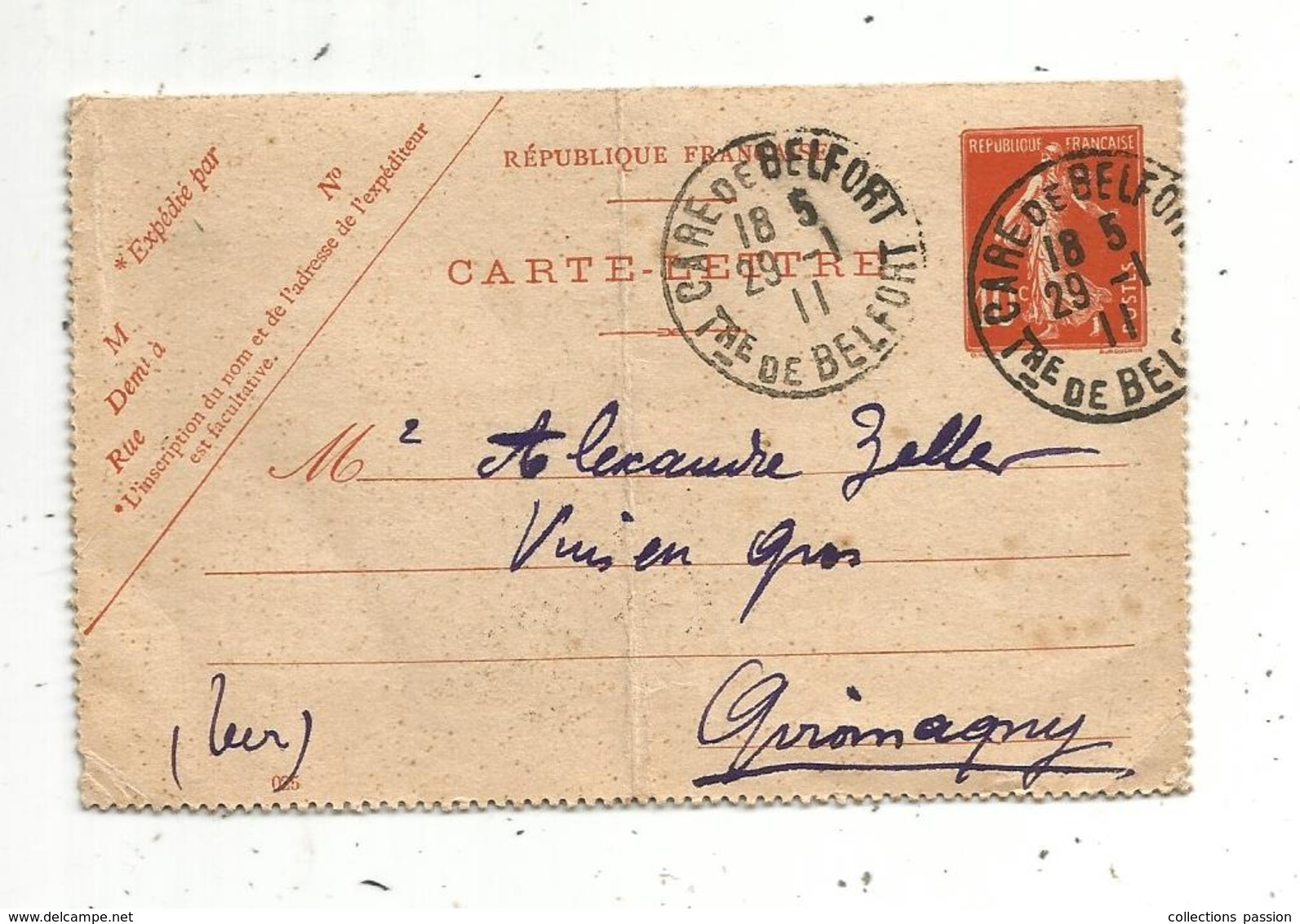 Entier Postal Sur Carte Lettre , GARE DE BELFORT , Tre. De BELFORT , 1911, 2 Scans - Cartes-lettres