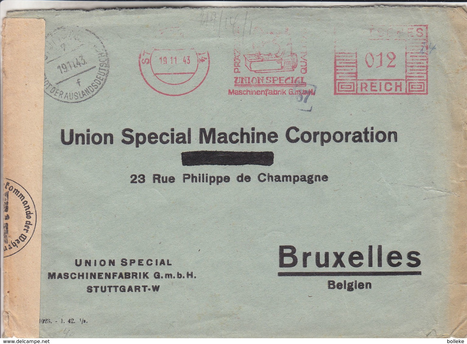 Allemagne - Empire - Lettre De 1943 ° - Obllt Stuttgart - Exp Vers Bruxelles - EMA - Empreintes Machines - Avec Censure - Lettres & Documents