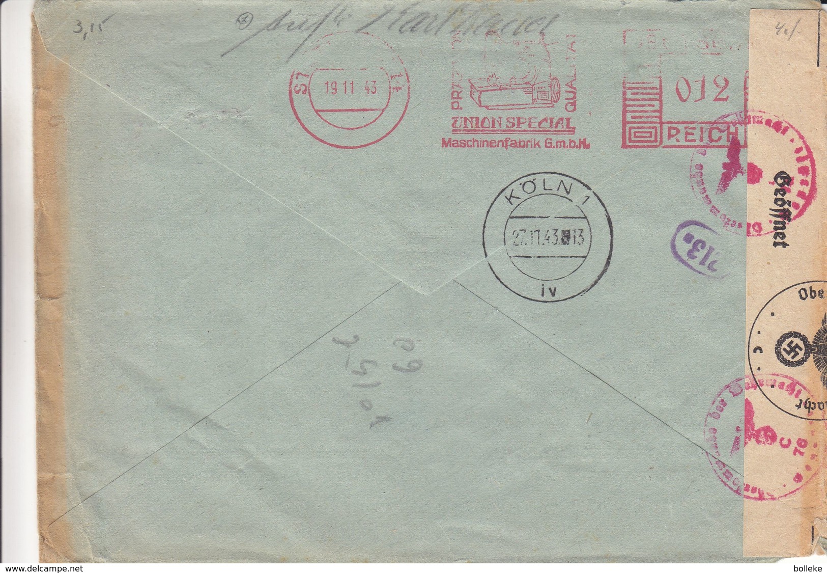 Allemagne - Empire - Lettre De 1943 ° - Obllt Stuttgart - Exp Vers Bruxelles - EMA - Empreintes Machines - Avec Censure - Lettres & Documents