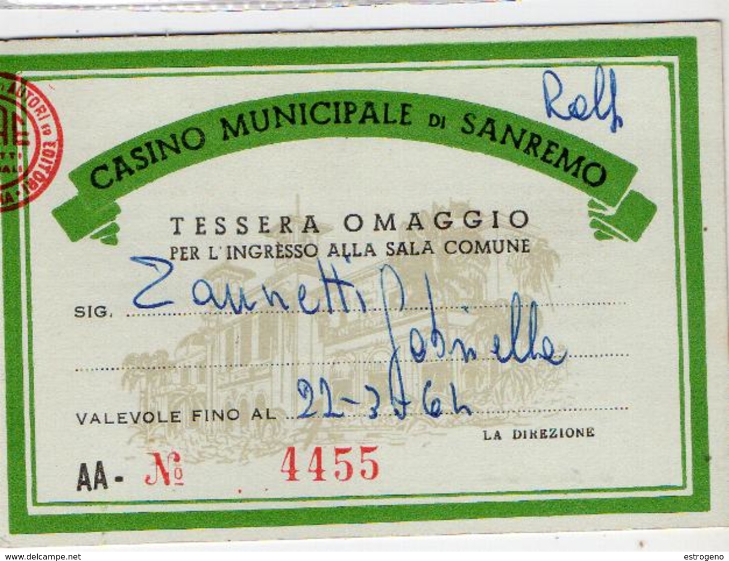 Tessera  Di Ingresso Al Casino Municipale Di San Remo - Biglietti D'ingresso