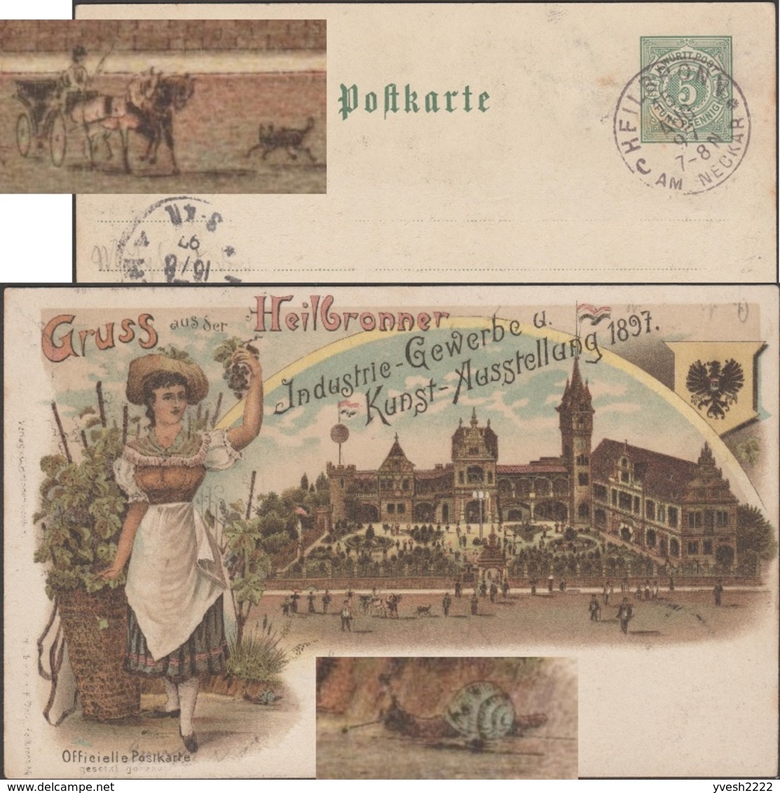 Wurtemberg 1897. Entier Illustré Timbré Sur Commande. Exposition De Heilbronn. Raisins, Escargot, Lampes, Costume - Vins & Alcools