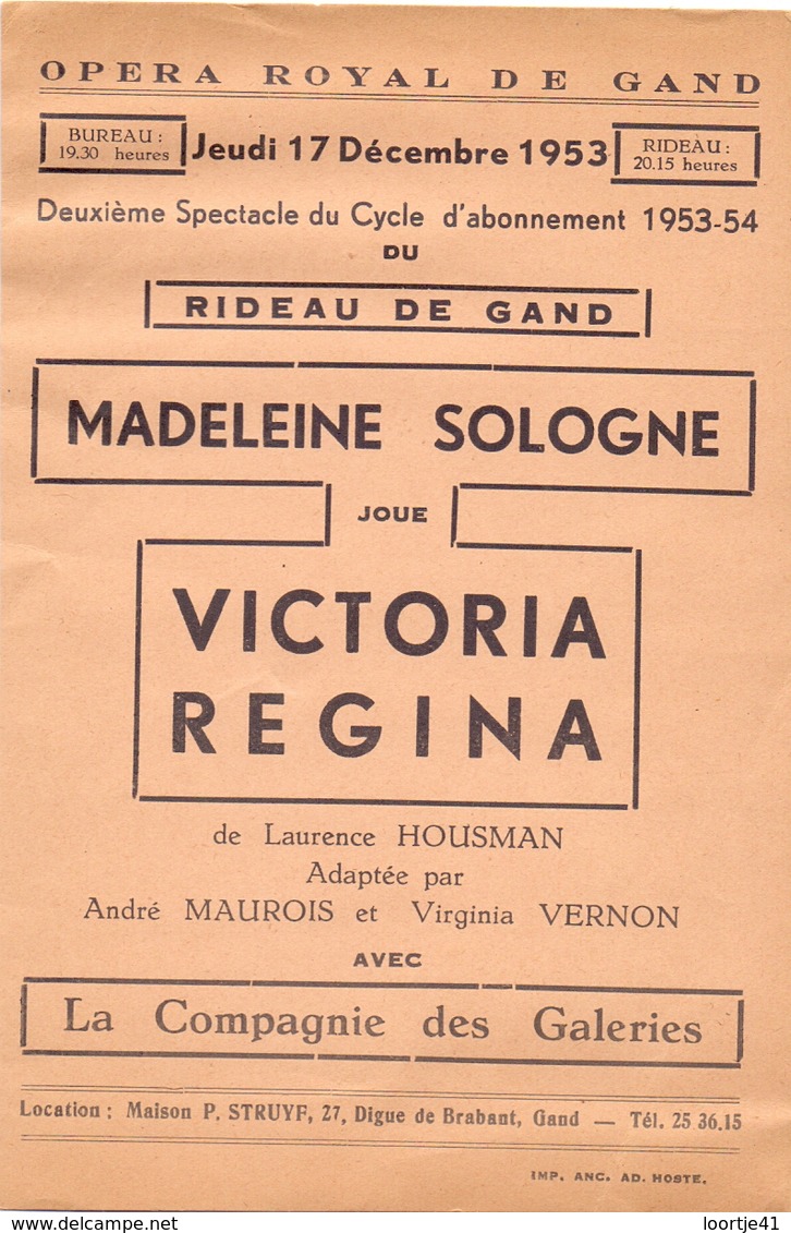 Programma Programme - Opera Royal De Gand - Gent 1953 - Madeleine Sologne - Victoria Regina - Programmes