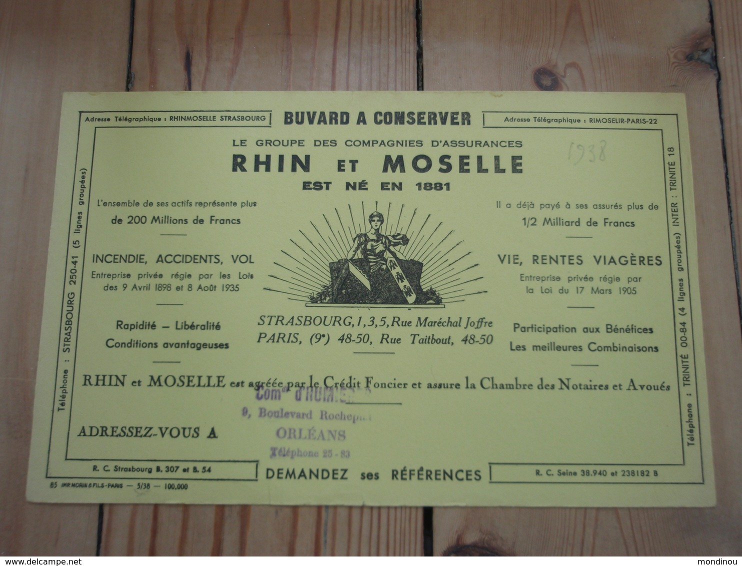 Buvard RHIN Et MOSELLE, Cachet ORLEANS Année 1938 - Banque & Assurance