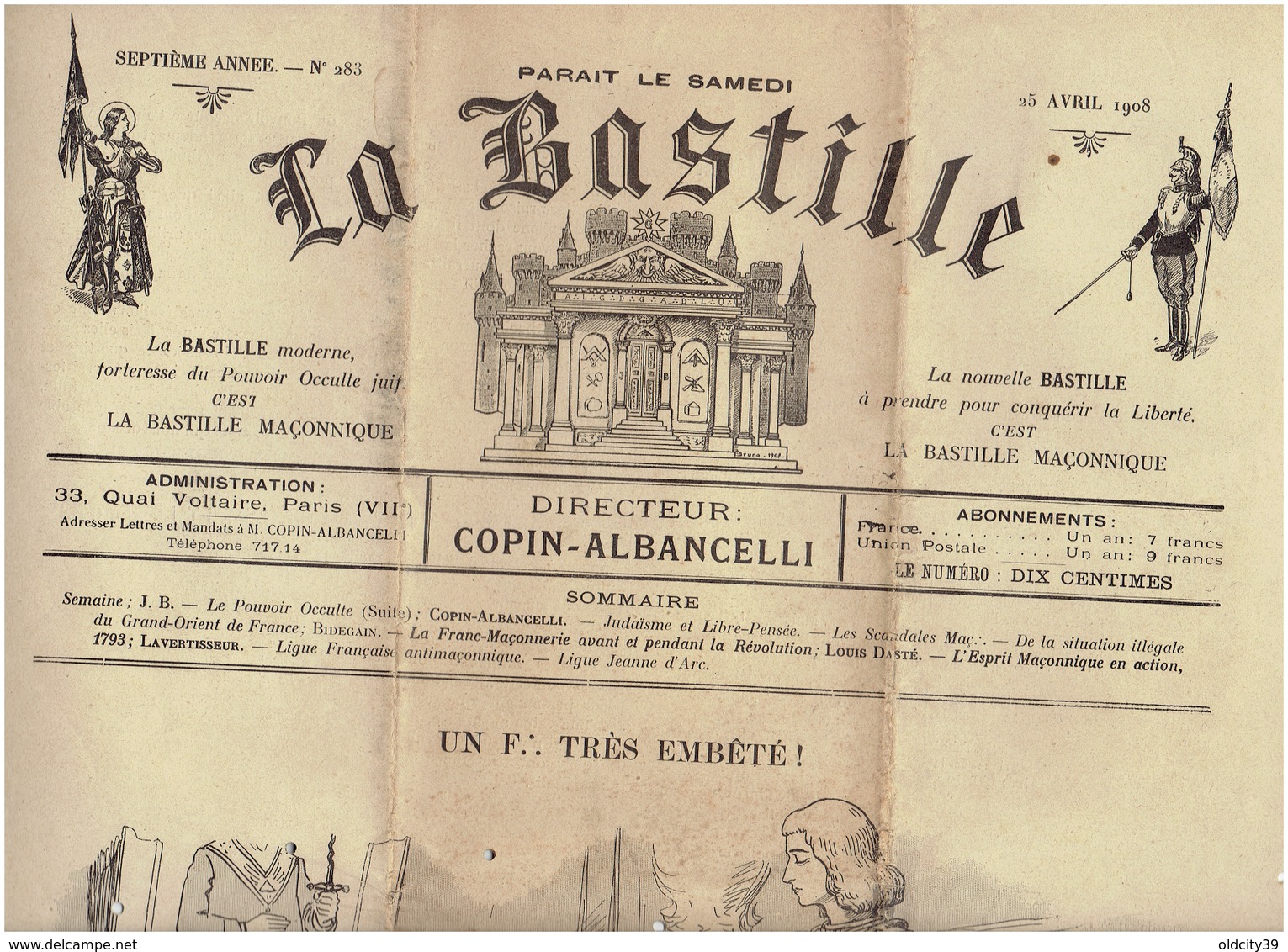 La BASTILLE Journal Antimaçonnique N° 283 Du 25 Avril 1908 ( COPIN ALBANCELLI Directeur) - Autres & Non Classés