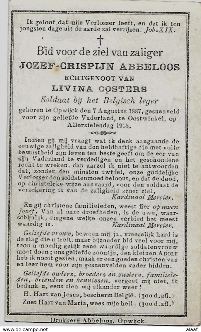 DP Soldaat Jozef-Crispijn Abbeloos - ° Opwijck 1887 Gesneuveld Oostwinkel 1918. - Images Religieuses