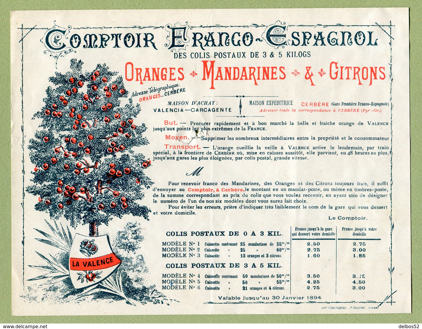 CERBERE  /  VALENCE  : " COMPTOIR FRANCO-ESPAGNOL : Oranges - Mandarines - Citrons "  1894 - 1800 – 1899