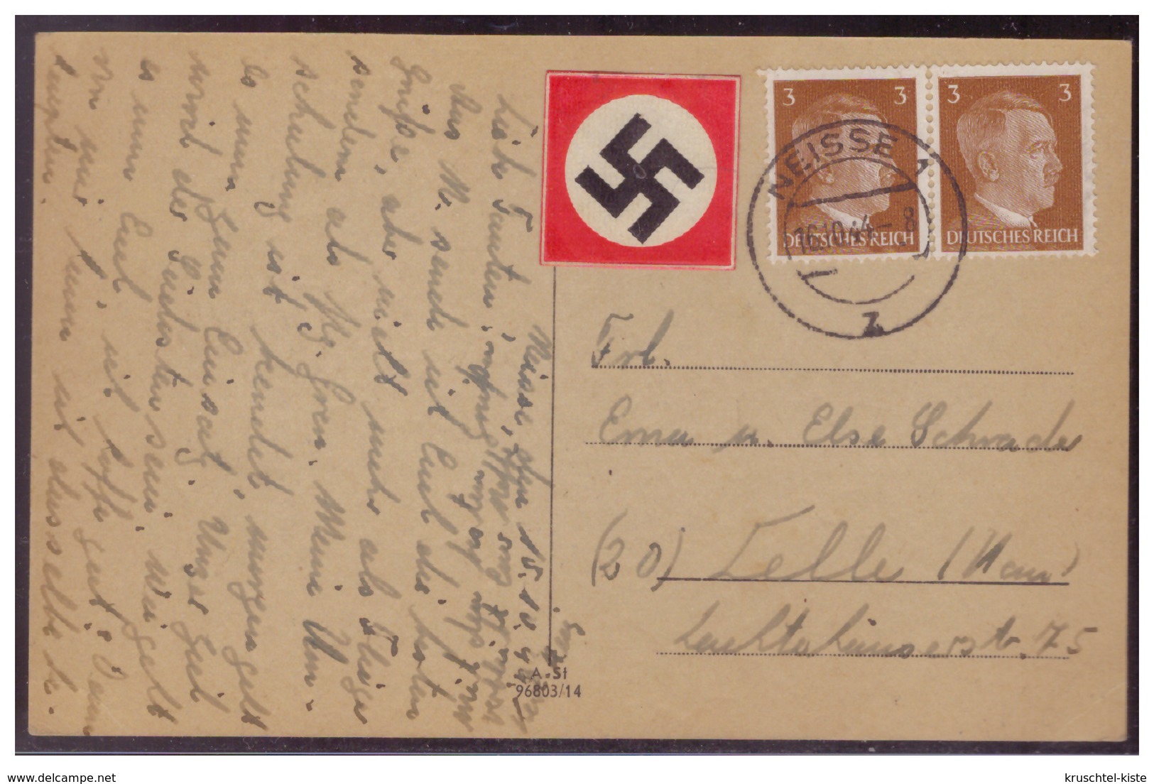 Dt- Reich (007697) Propaganda, Postkarte Neisse, Berliner Straße, Berliner Turm, Gelaufen Mit HK-Vignette Am 16.10.1944 - Lettres & Documents