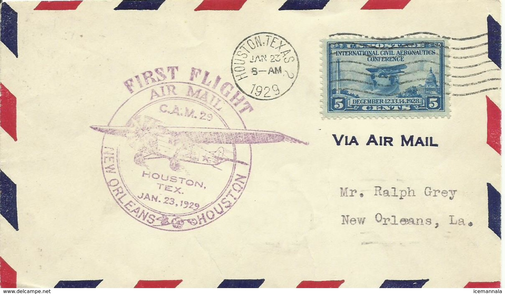 ESTADOS UNIDOS, SOBRE  CONMEMORATIVO PRIMER VUELO HOUSTON/NEW ORLEANS AÑO 1929 - Cartas & Documentos