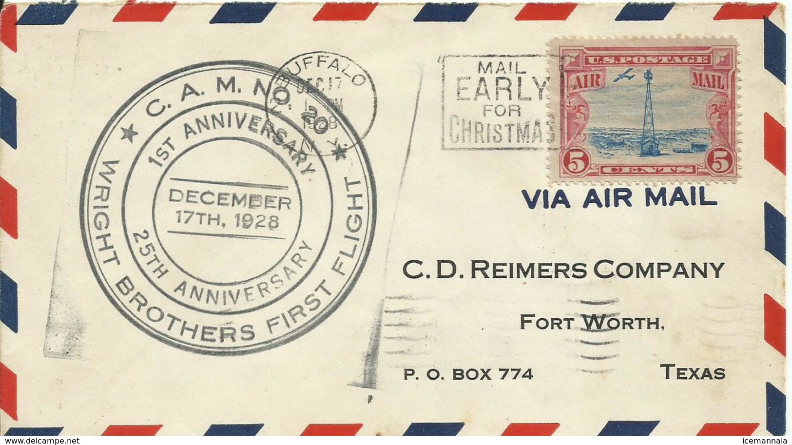 ESTADOS UNIDOS , SOBRE CONMEMORATIVO  WRIGHT BROTHERS FIRST FLIGHT AÑO 1928 - Cartas & Documentos