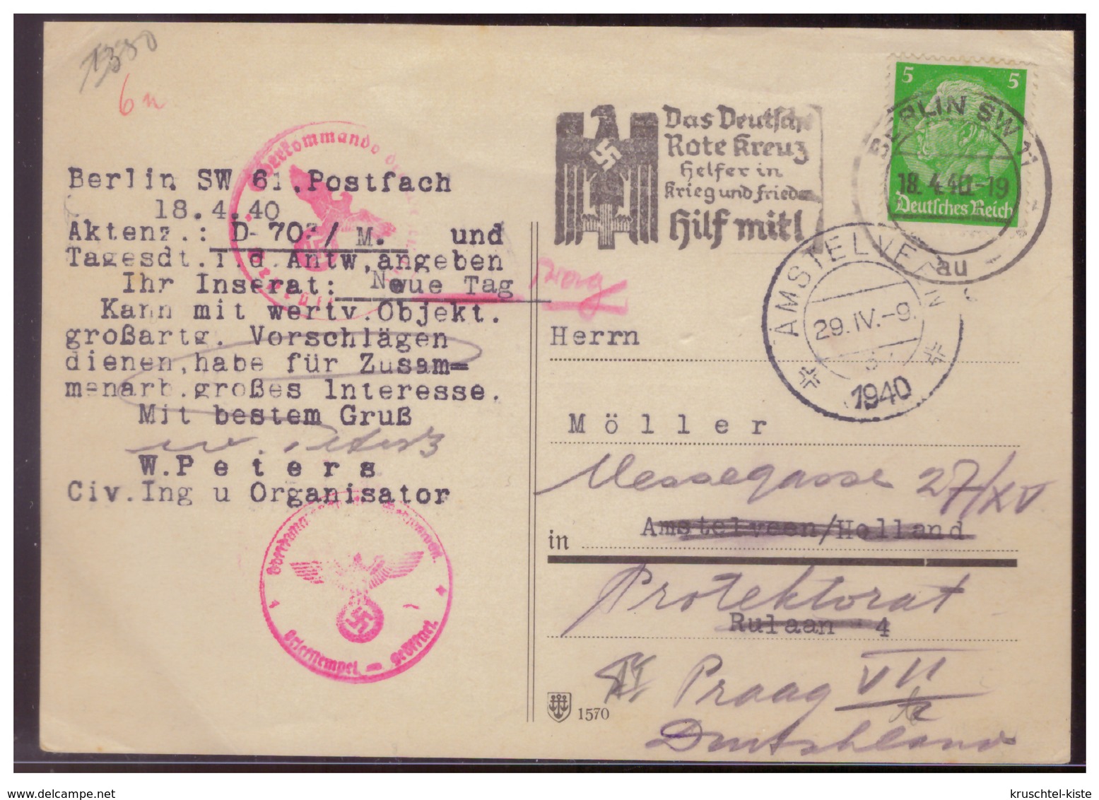 Dt- Reich (007699) Postkarte Mit RK Werbestempel Gelaufen Nach Holland Dort Weiterleitung Nach Prag Mit Dienststempel - Lettres & Documents