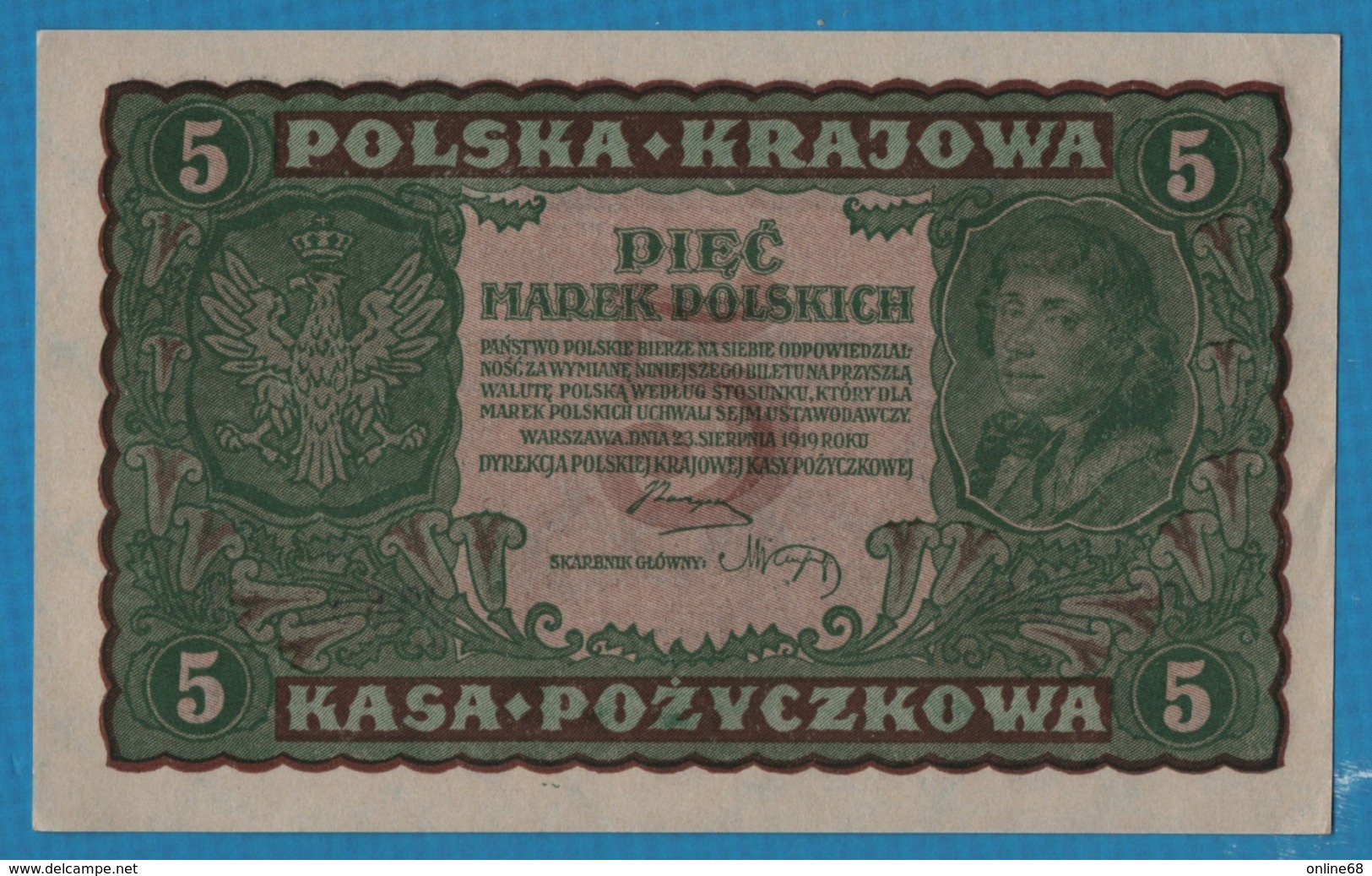 POLAND 5 Marek Polskich	23.08.1919	Serie# II Serja BL 687,271 P# 24  Polska Krajowa Kasa Pożyczkowa - Pologne