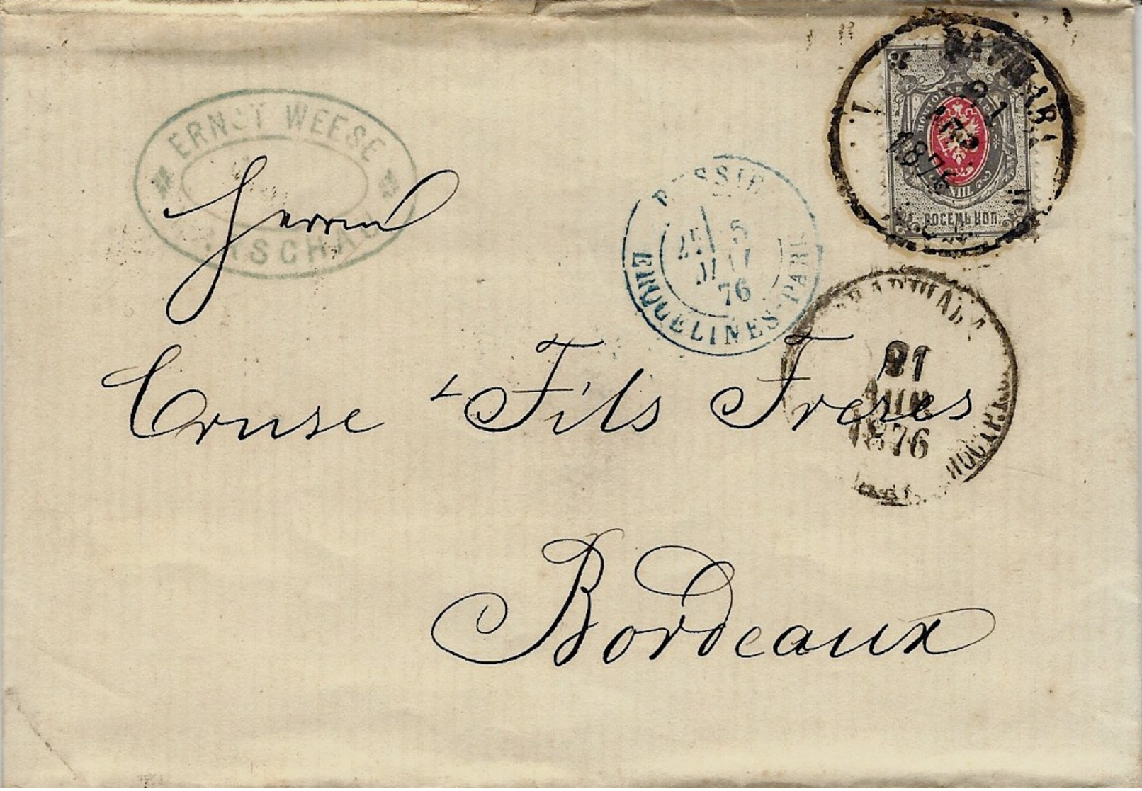 1876- Letter From Warschau  To Bordeaux ( France ) Fr. Y & T N°25 Alone - Briefe U. Dokumente