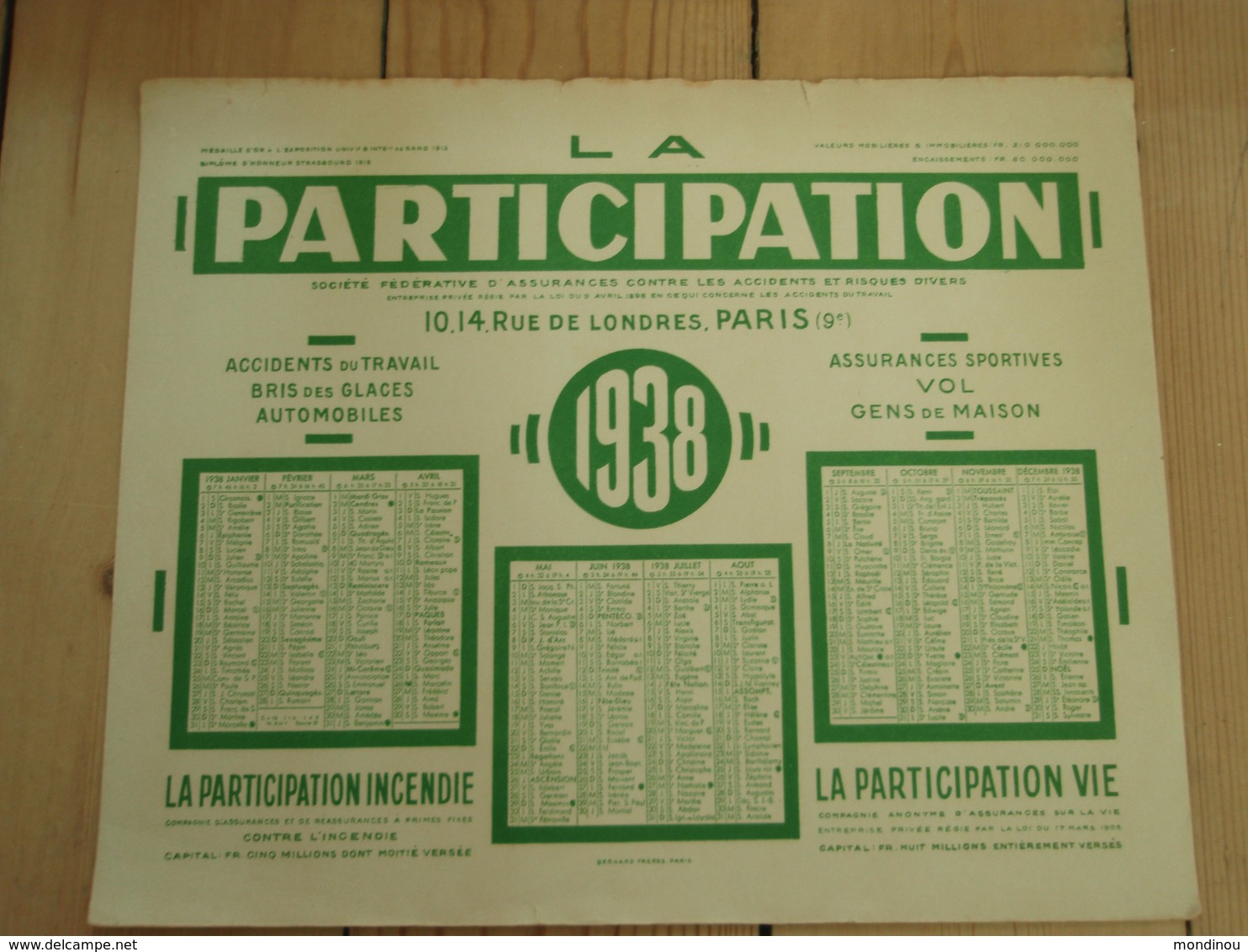 Grand Buvard  LA PARTICIPATION Calendrier 1938 - Banque & Assurance