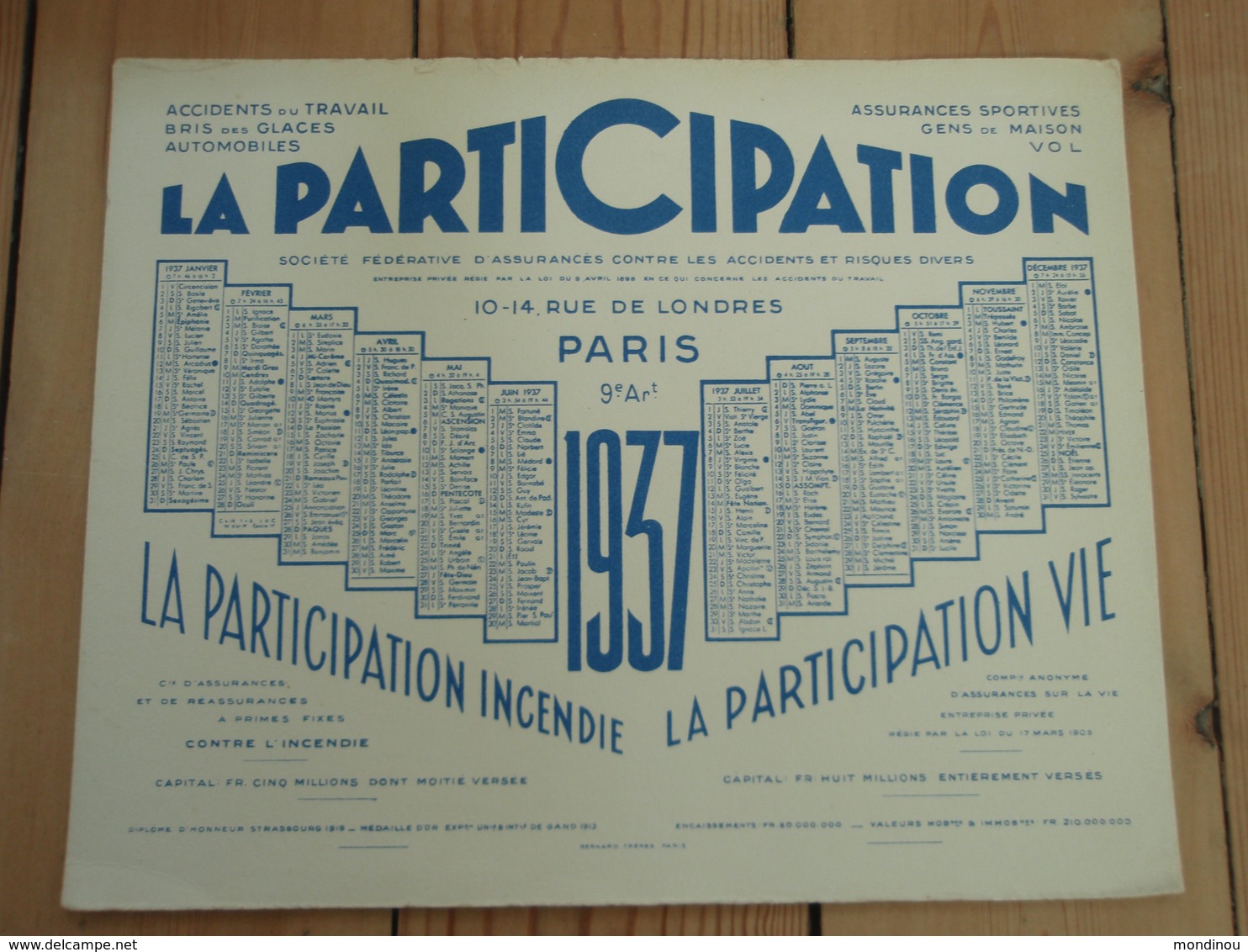 Grand Buvard  LA PARTICIPATION Calendrier 1937 - Banque & Assurance