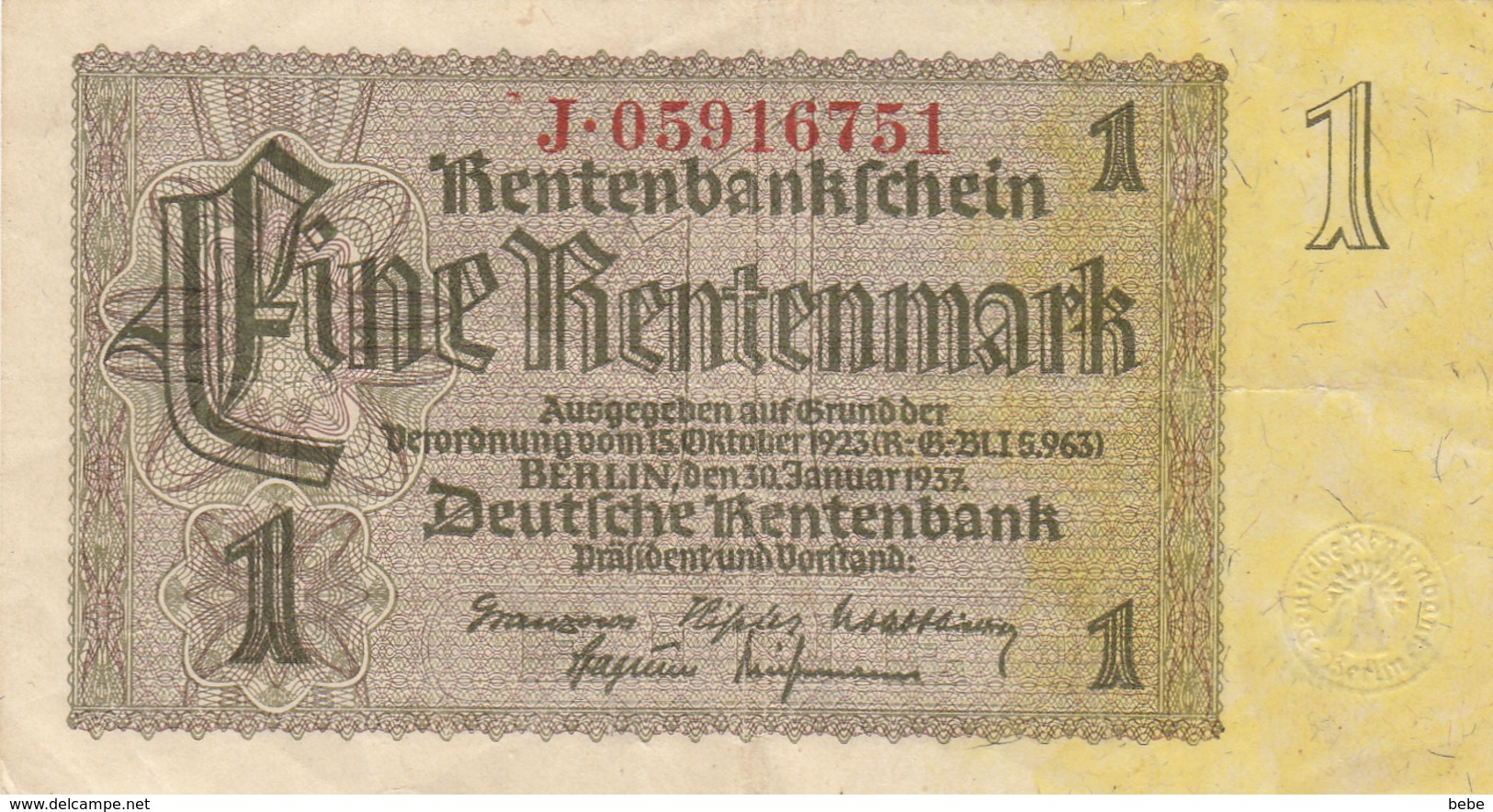 1 Rentenmark Type 1937  J.05916751 - 1 Rentenmark