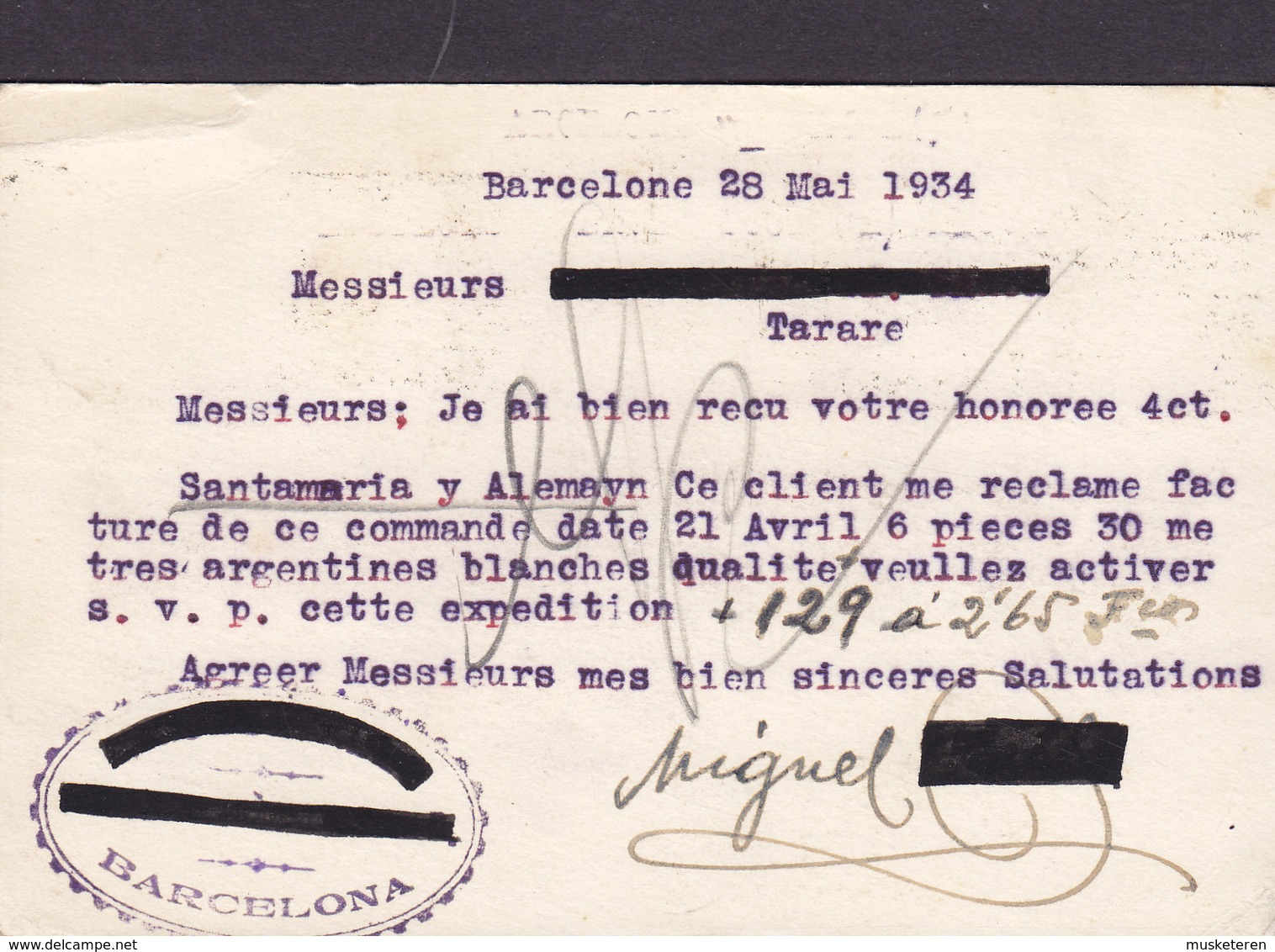 Spain Uprated Postal Stationery Ganzsache Entier Sinnbild Der Republik TMS Cds. BARCELONA 1934 TARARE France - 1931-....