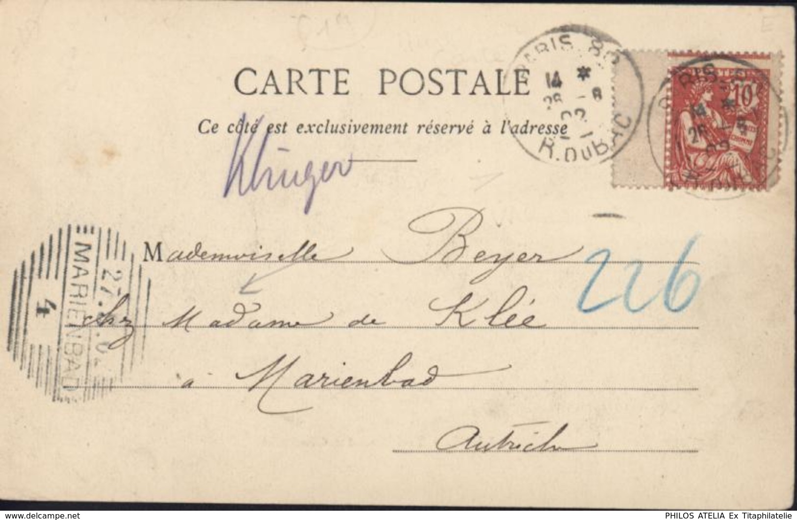 YT 124 Mouchon Rose Retouché Variété Piquage Bord Feuille CAD Paris Rue Bac 26 8 02 Arrivée Marienbad Autriche 27 8 02 - Storia Postale