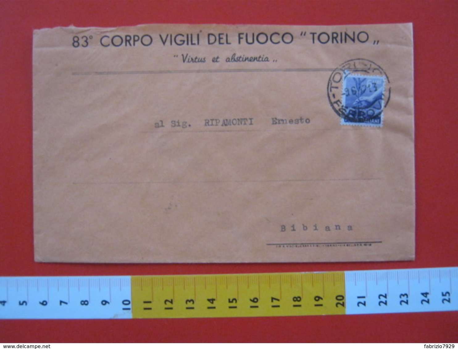 IT.05 ITALIA STORIA POSTALE - 1947 TORINO BUSTA 83° CORPO VIGILI DEL FUOCO FIRE POMPIERI X BIBIANA (TO) + CACHET COMANDO - Pompieri