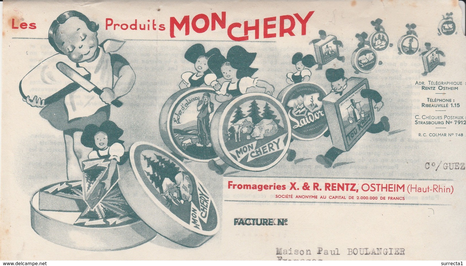 Facture Illustrée 1938 / Fromages "Mon Chery" / Publicité / Fromagerie RENTZ / 68 Ostheim - Other & Unclassified