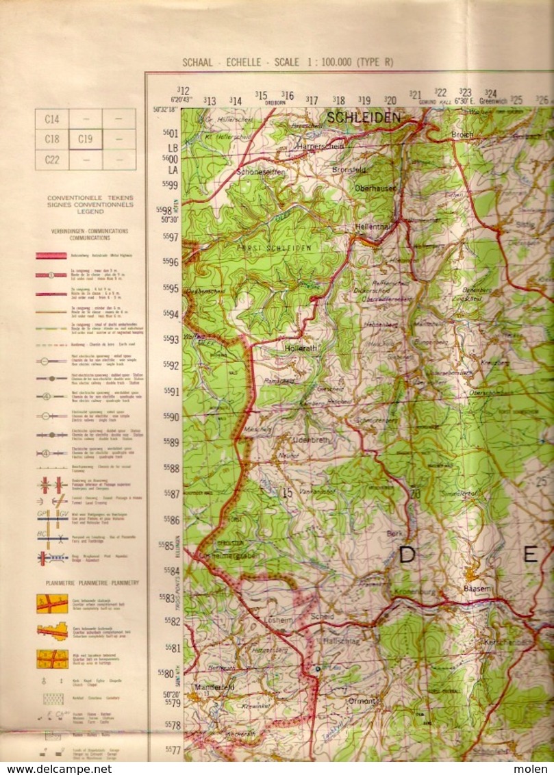 TOPOGRAPHISCHE KARTE 1/100.000 SCHLEIDEN ©1955 PRUM MAYEN DAUN MANDERFELD DAHLEM ADENAU HILLESHEIM ULMEN GEROLSTEIN S457 - Schleiden