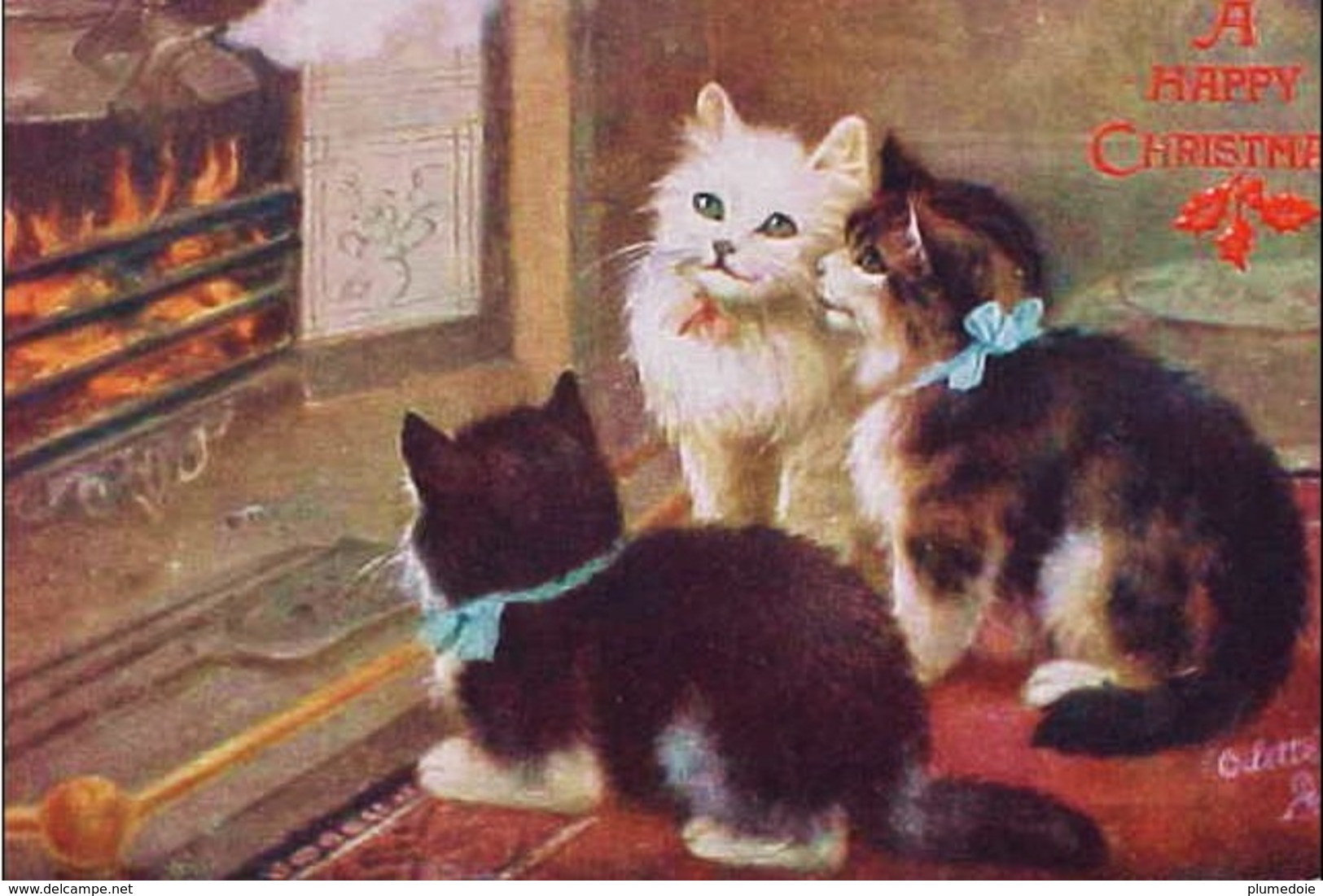 Cpa Chat , HEUREUX PETITS CHATS AU COIN DU FEU , Chatons , NOEL Raphael TUCK , CAT KITTEN LOOKING CHIMNEY FIRE KATZE - Chats