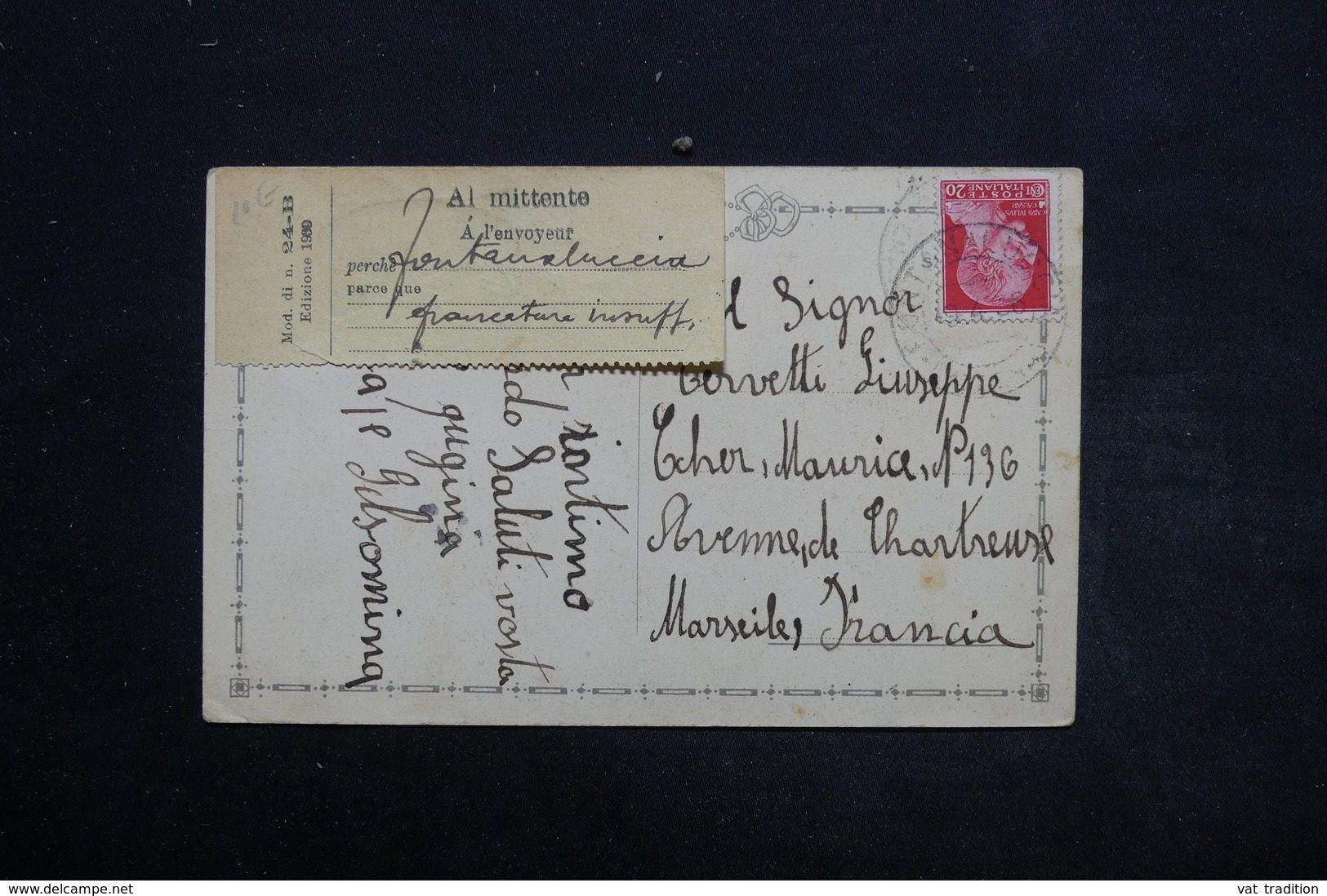 ITALIE - Étiquette "  Affrancatura Insuff. " De Fontanaluccia Sur Carte Postale En 1936 Pour La France - L 25515 - Marcophilie