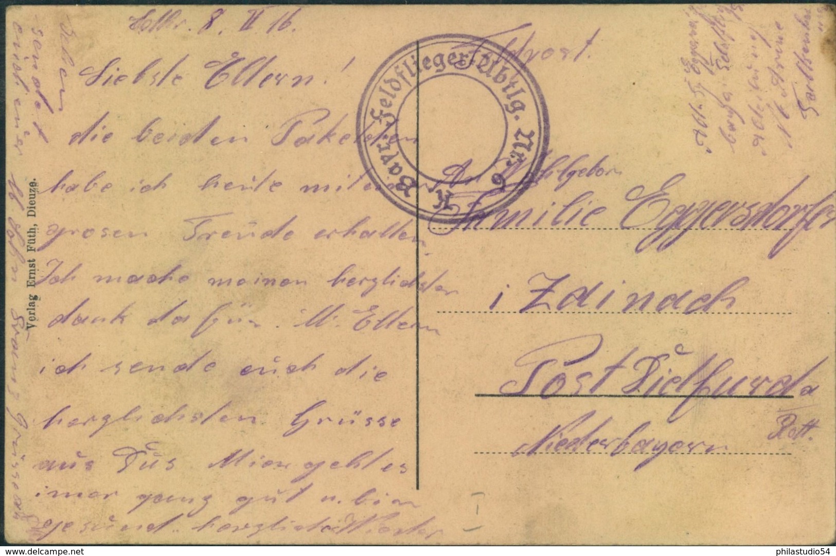 1916, Feldpost WK 1, Briefstempel "Bayer. Feldfliegerabtlg. Nr. 6" - Cartas & Documentos